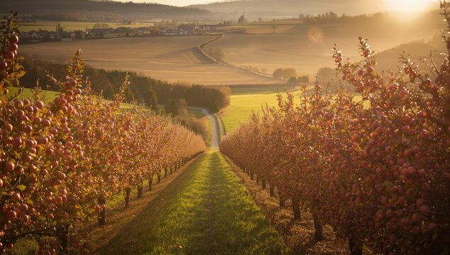 Street lined with apple trees in Puch bei Weiz, Austria, highlighting agricultural landscape