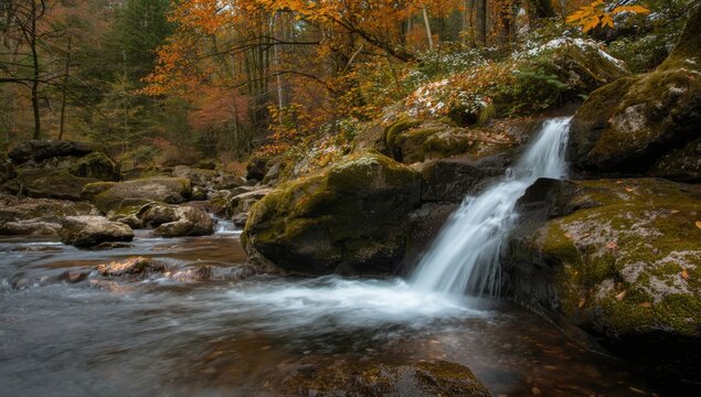 Forest brook flowing over mossy rocks with waterfall during fall, highlighting natural erosion processes