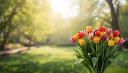 Bright tulips flowers in a lush bouquet emphasizing seasonal bloom, floral arrangement