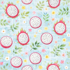 Dragon Fruit Seamless Pattern with Leaves on Blue Background