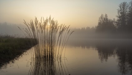 Fototapeta premium River reeds in the fog used as an editorial header background highlighting early morning conditions
