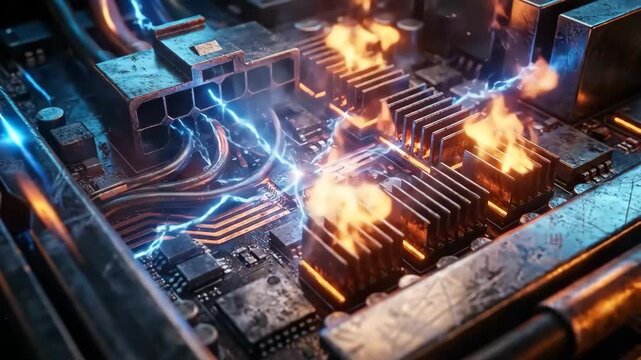 Burning circuit board with electric arcs, sparks, glowing electricity and dramatic heat