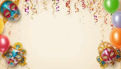 Vivid metallic carnival masks and balloons surrounding a central text area, suitable for celebration layout backgrounds