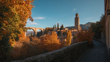 Ancient stone architecture in a historic Italian town with winding streets and traditional facades, ideal for cultural features