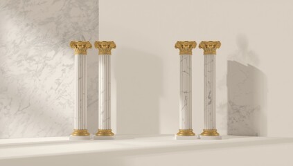 White and gold marble columns in a traditional architectural setting, highlighting material durability and aesthetic appeal