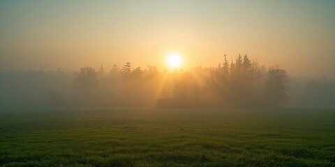 Obraz premium Sunrise piercing through morning fog over dense woodland, highlighting seasonal transition and ecological awareness