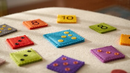 Educational felt game with numbered squares and domino-style dots designed for preschool learning, number matching skills