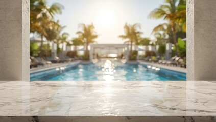 Fototapeta premium Empty white marble surface with out-of-focus tropical pool in the background, ideal for layout or advertising use during summer