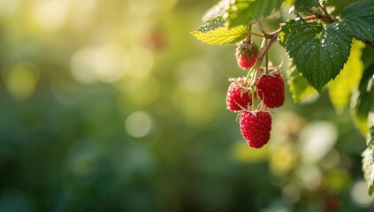 Raspberry bush loaded with ripe berries in a fruit garden, highlighting summer harvest and berry development