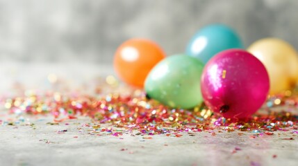 Colorful balloons and confetti on a table for a celebration event