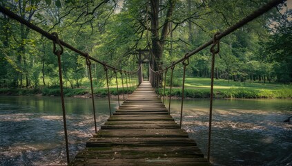 Fototapeta premium Historic rope bridge crossing a waterway amid dense trees, highlighting infrastructure maintenance in natural landscapes