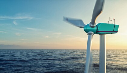 Modern offshore wind turbine with spinning blades generates clean renewable energy in the calm ocean during a beautiful and serene sunset with a clear sky