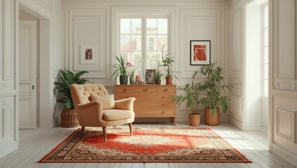 Bright interior space featuring an armchair, storage chest, houseplants, and a vintage rug, suitable for home decor