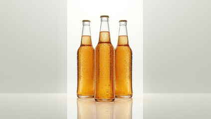 Three condensation-covered glass bottles on a white background, highlighting beverage container design