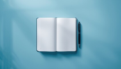 Open white notebook with pen on a blue surface, used for editorial headers and layout planning, World Book Day