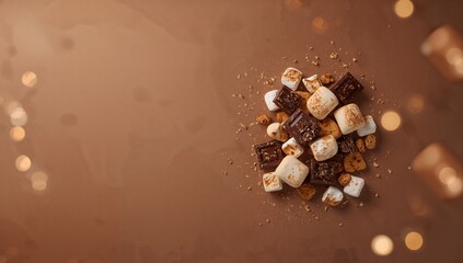 Ingredients for s'more including marshmallows, chocolate, and cookies on brown surface, snack assembly activity