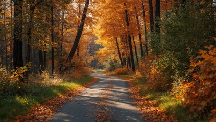 Fototapeta premium Autumn forest path in Finland, showcasing seasonal foliage and landscape stability
