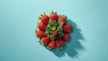 Strawberries with leaves arranged on a blue surface, serving as a vibrant fruit visual for summer nutrition awareness