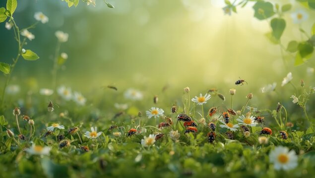 Spring scene with diverse bugs on blooming plant, illustrating seasonal insect presence