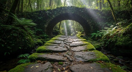 Stone Bridge Amidst Forest: A captivating stone bridge gracefully arches over a serene stream, leading into a lush, emerald forest bathed in the soft glow of sunlight.