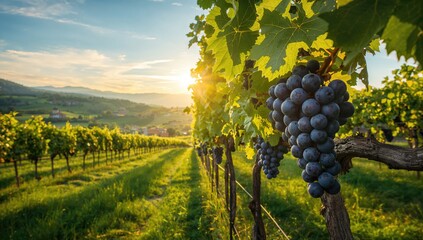 Naklejka premium Grapevines laden with mature fruit, seasonal vineyard activity