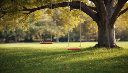 Childrens swing with vibrant seats and metal chains, situated in a recreational park setting, outdoor activity and safety, International Childrens Day