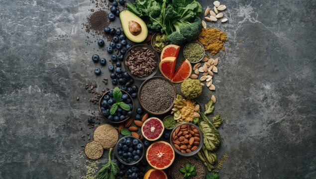 Fresh fruits, vegetables, seeds, and leafy greens arranged on a gray concrete surface as a nutritious meal, World Nutrition Day