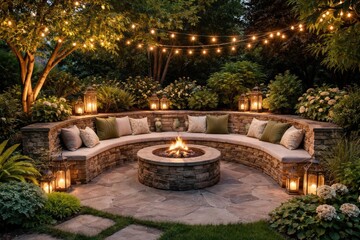 Peaceful backyard seating area with stone wall bench and decorative lighting