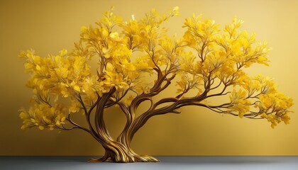 a vibrant yellow shrub stands out with its intricate branches and lush foliage the shrub is captured against a clean background highlighting its natural beauty