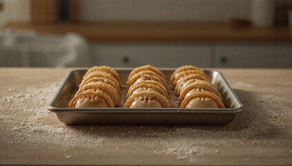 Pierogi lined up on a floured tray, illustrating artisanal culinary techniques for food preservation
