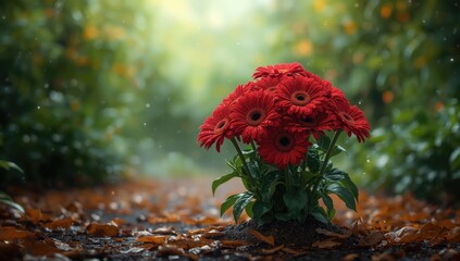 Gerbera flowers, also called Barberton daisies, displayed in soil or pot in garden, emphasizing vibrant blooms after rain