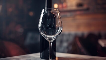 Fototapeta premium Wine bottle and empty glass arranged on a surface, suitable for UI backdrop or editorial header