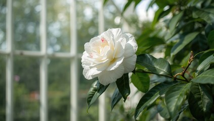 Blooming white Camellia with pink highlights inside a greenhouse, focused on horticultural environment