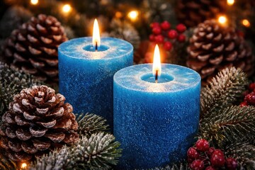 Close up of vibrant blue candles with pinecones creating a cozy festive holiday scene