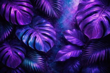 Close detailed shot of violet and blue tropical leaves in a textured background