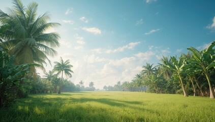 Tropical landscape featuring a green field with tall palm trees and banana trees, suitable for environmental planning
