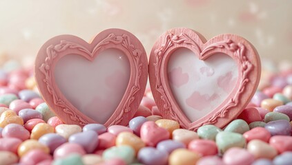 Fototapeta premium Pair of heart-shaped, wooden photo frames in bright colors surrounded by glossy candies, suitable for romantic gift displays