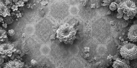 Grey and white ornate lace backdrop featuring ethnic hexagonal motifs for fashion or interior design