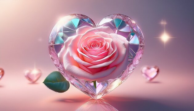 beautiful pink rose enclosed in a sparkling crystal heart against a soft pastel background