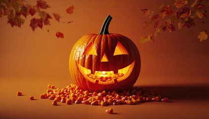Pumpkin carved for Halloween filled with candy corn, festive fall display