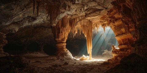 Cave interior showing mineral stalactites, geological features emphasizing natural erosion