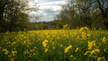 Obraz premium Spring outdoor scene with vibrant yellow flowers highlighting seasonal renewal, Earth Day