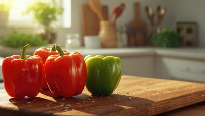 Colorful bell peppers on a cutting board highlighting raw produce for healthy meals