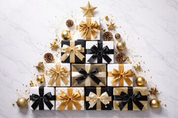 Luxurious triangle of white black and gold wrapped gift boxes symbolizing a Christmas tree