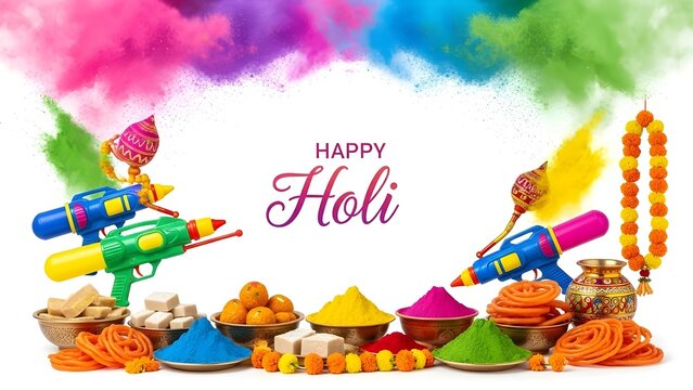 A vibrant and colorful Happy Holi festival celebration with traditional sweets, water guns, and powdered colors.