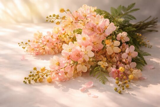 Graceful summer Java cassia flower bouquet on gentle light surface