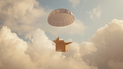 Parcel package with parachute for fast international delivery, highlighting logistics and cargo transportation methods