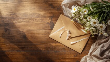 Kraft paper envelope with blank space and white daisies flowers, designed for floral-themed layouts