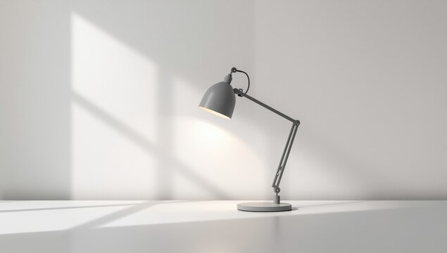 Interior scene featuring a gray table lamp on a white wall, suitable for background use in business or educational layouts, minimalism style