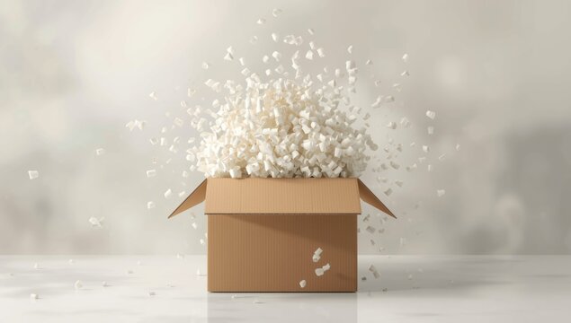 Shipment packaging with packing chips inside a delivery box, focusing on protective shipping materials